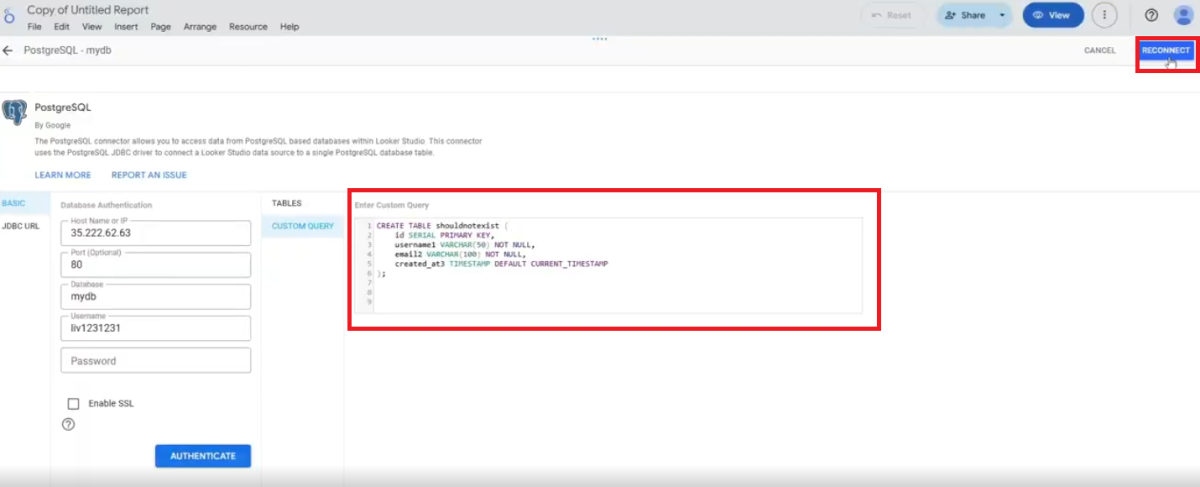 Google Looker Studio table creation querymanagement